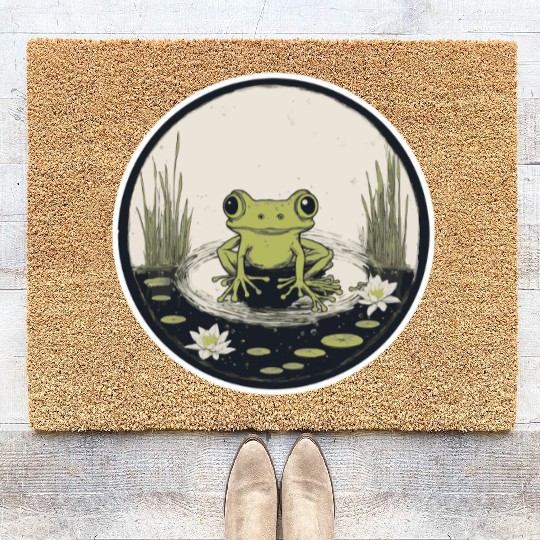 Serene Frog in a Tranquil Pond Coir Doormats