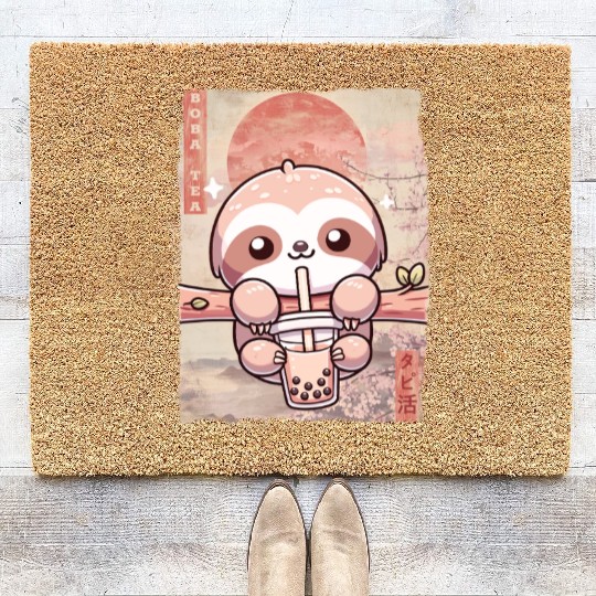 Cute Kawaii Sloth Drinks Boba Tea Japanese Coir Doormats