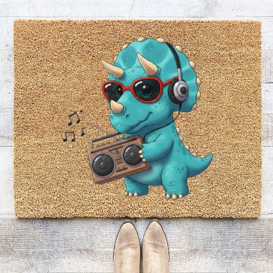 Dino cartoon triceratops listening to music Coir Doormats