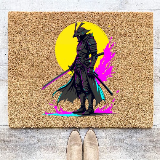 Cyberpunk Samurai Warrior Neon Art Design Coir Doormats