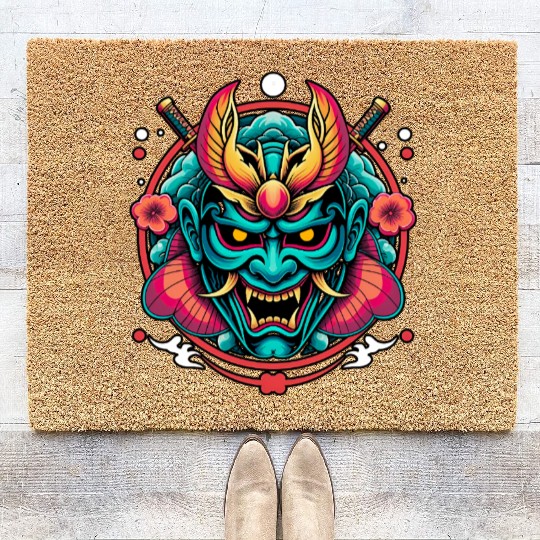 Mystic Oni Mask: Bold Japanese Art Design Coir Doormats