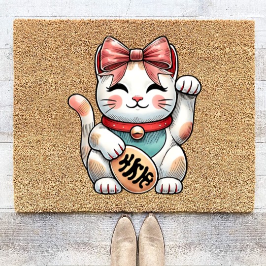 Coquette Bow Maneki Neko Japanese Cat Lucky Pink Coir Doormats