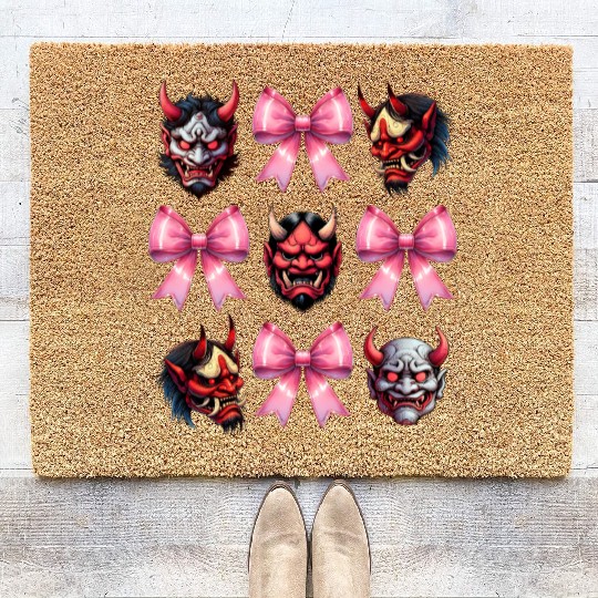 Coquette Bow Oni Yokai Devil Mask Pink Mothers Day Coir Doormats