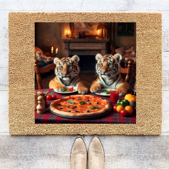 Tiger Cubs eating pizza Coir Doormats
