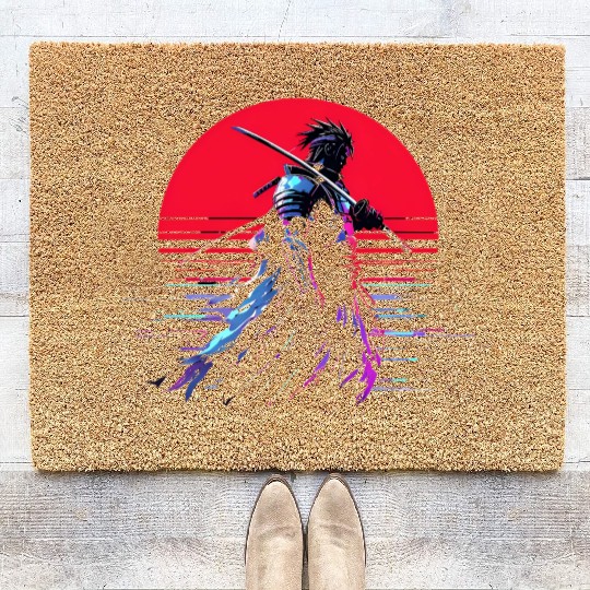 Cyberpunk Samurai Warrior Under Neon Moon Coir Doormats