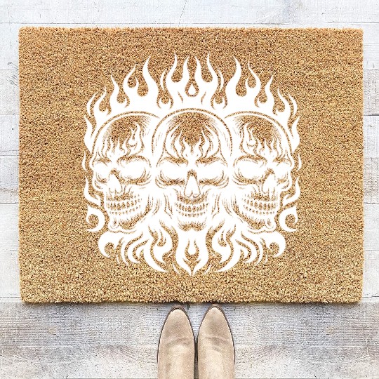 Flame Tattoo Three Skulls In Tribal Style Coir Doormats