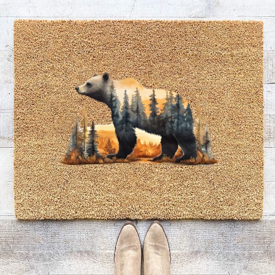 Grizzly Bear Watercolor Illustration Coir Doormats