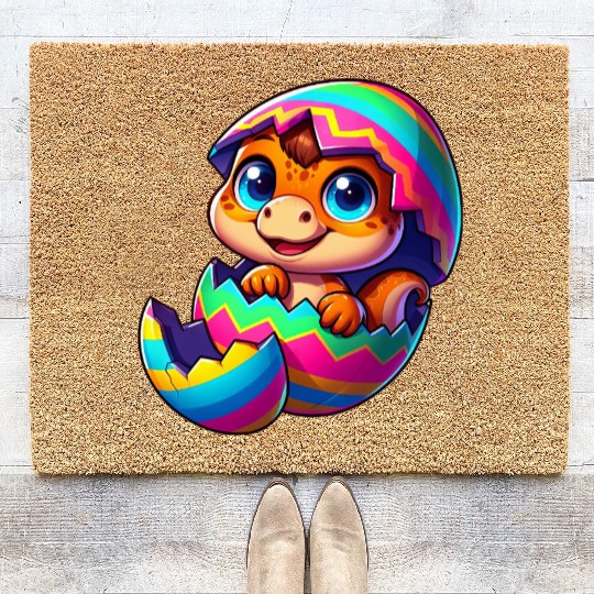 Cute Dino hatching from colorful Easter egg Coir Doormats