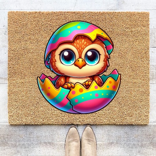 Cute Owl Easter Egg Cartoon Hatching Colorful Coir Doormats