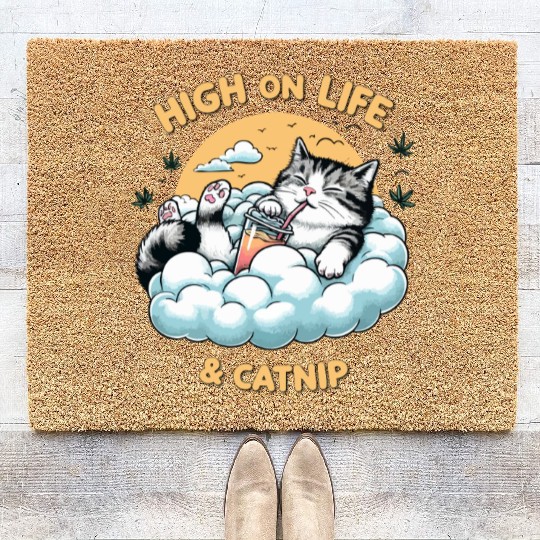 High on Life & Catnip - Floating Cat Art Coir Doormats