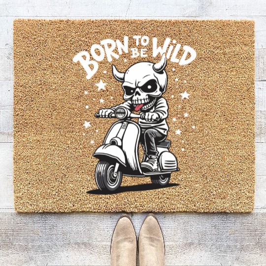 Born to Be Wild - Skull Devil on Scooter Coir Doormats