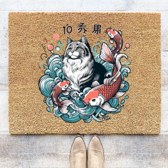 Flow with Grace - Majestic Cat & Koi Fish Coir Doormats