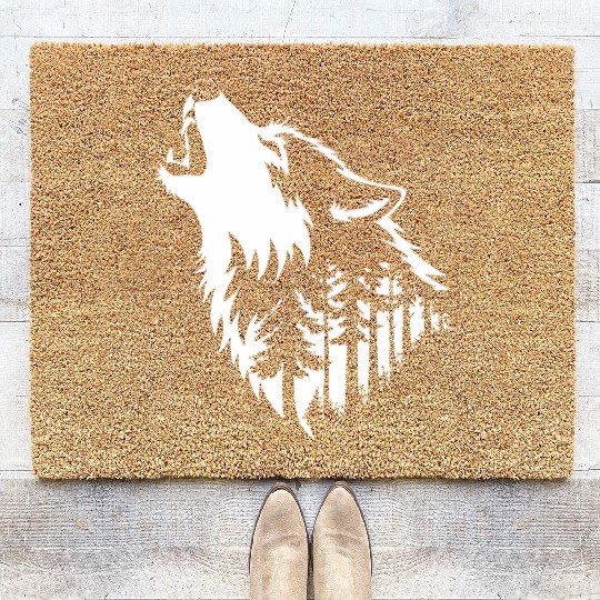 Howling Wolf & Forest Silhouette Coir Doormats