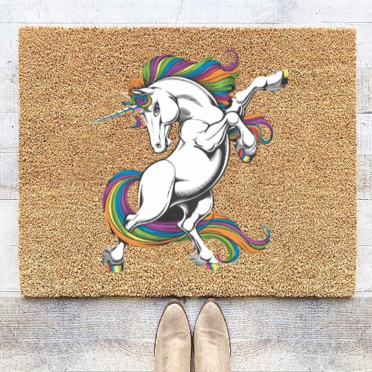 Majestic Rainbow Unicorn Prancing with Vibrant Coir Doormats