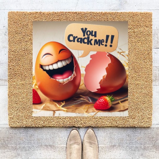 A cracked Easter egg laughing with the caption Coir Doormats