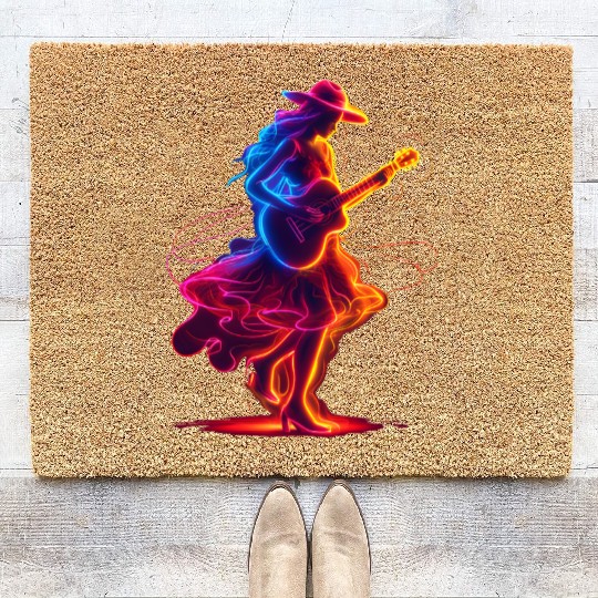 Guitar Player Girl Synthwave Coir Doormats