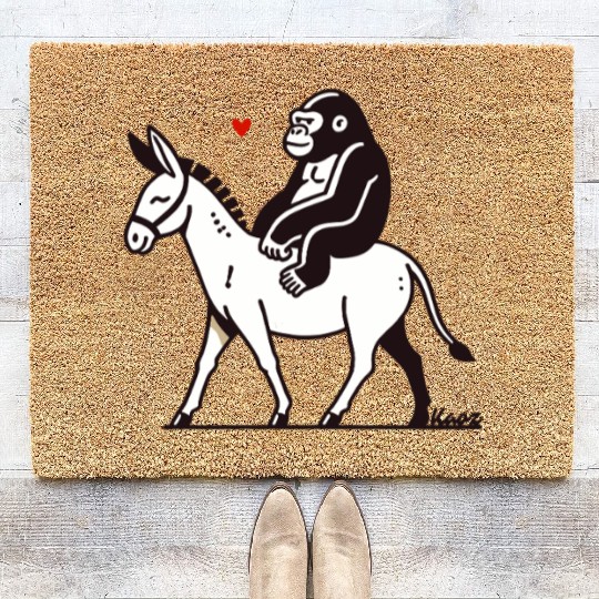 Gorilla Riding Donkey with Heart Coir Doormats