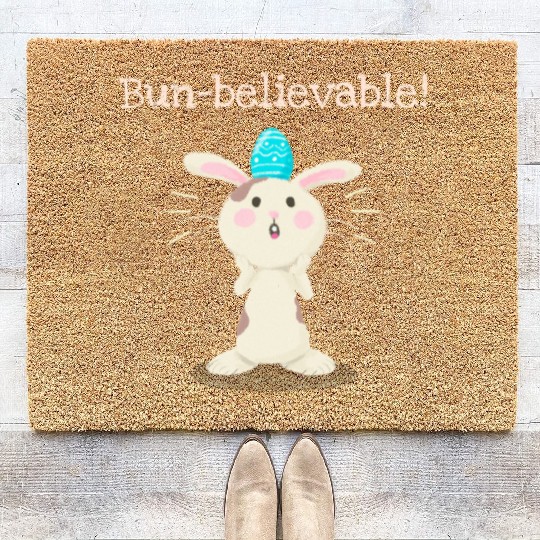 Bun-believable Funny Surprised Bunny Easter Egg Coir Doormats