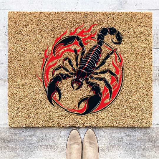 Tribal Scorpion Tattoo – Red & Black Ink on White Coir Doormats