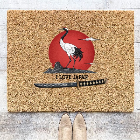 Japanese Crane with Katana and MounT FUJI POSTER Coir Doormats