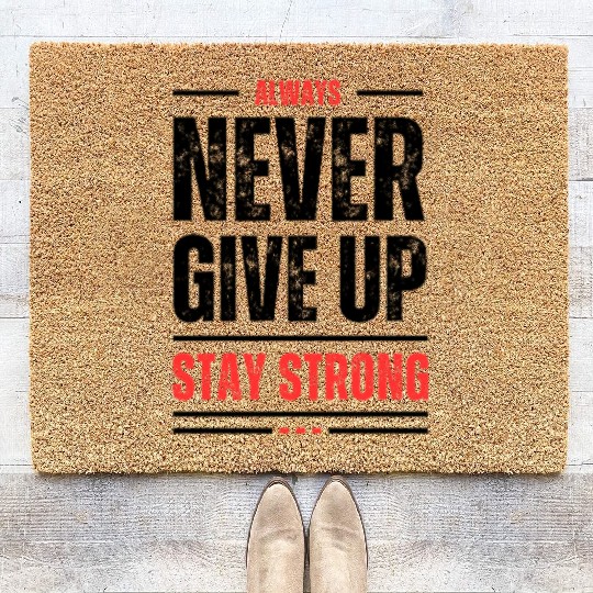 Black and Orange Typography Never Give Up Stay Coir Doormats