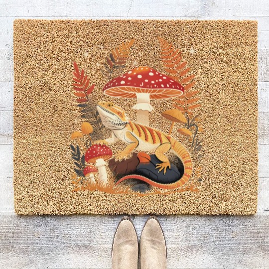 Cute Pogona Reptile Cottagecore Mushroom Bearded Coir Doormats