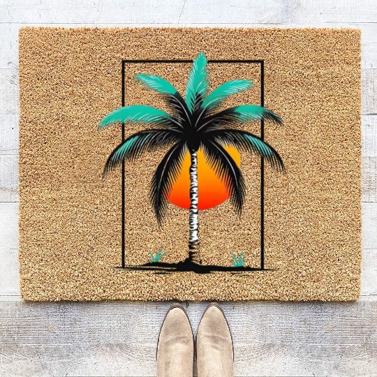 Grayscale Line Drawing Of A Central palm tree Coir Doormats