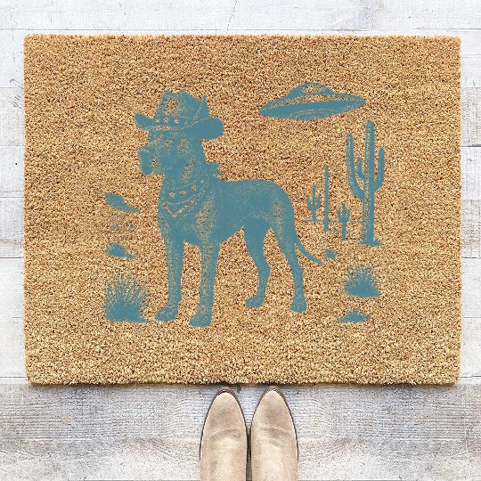 Great Dane Dog Cowboy Vintage UFO Western Country Coir Doormats