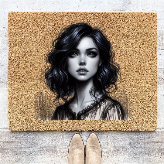 Elegant Woman Portrait Black and White Art Coir Doormats