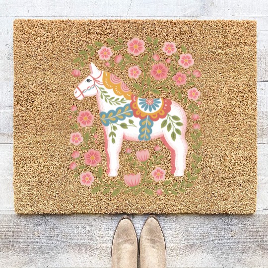 Swedish Spring Dala Horse Floral Art Coir Doormats