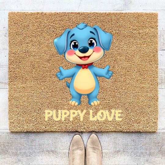 Blue Puppy Love Cartoon - Playful Pet Character Coir Doormats