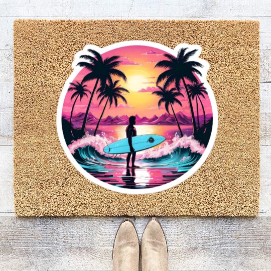 80s Synthwave Surfer | Retro Sunset Coir Doormats.