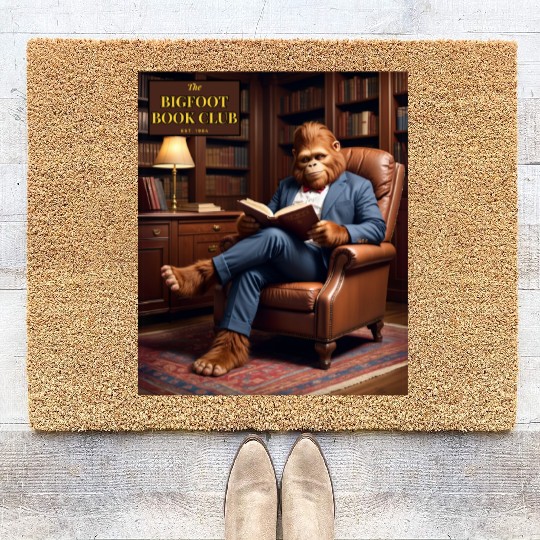 Bigfoot Book Club Sasquatch Reading in the Library Coir Doormats