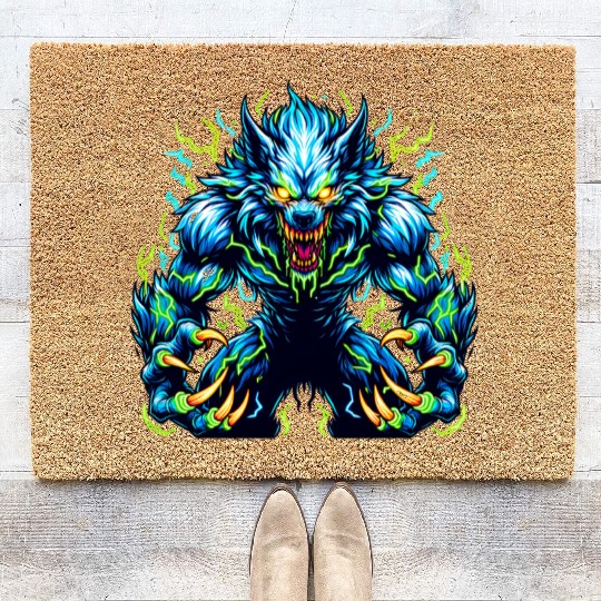Neon Alpha Howler – Electric Werewolf Rage Coir Doormats