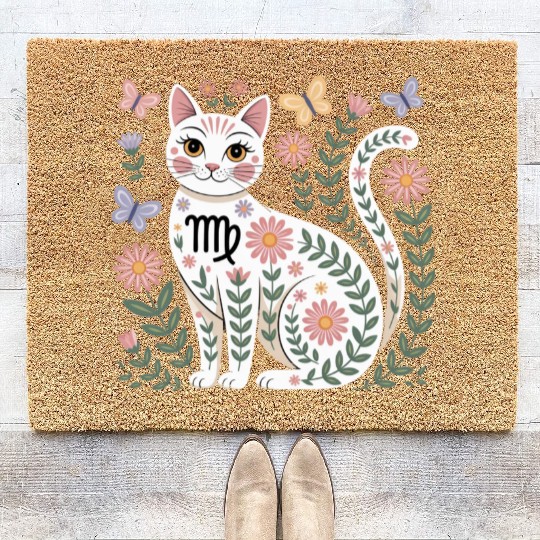 Virgo Zodiac Cat with Daisies Coir Doormats