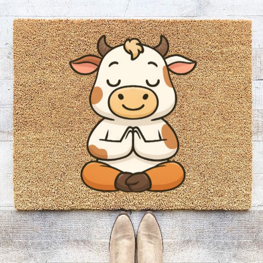 Cute cow bull yoga meditation relax chibi Coir Doormats