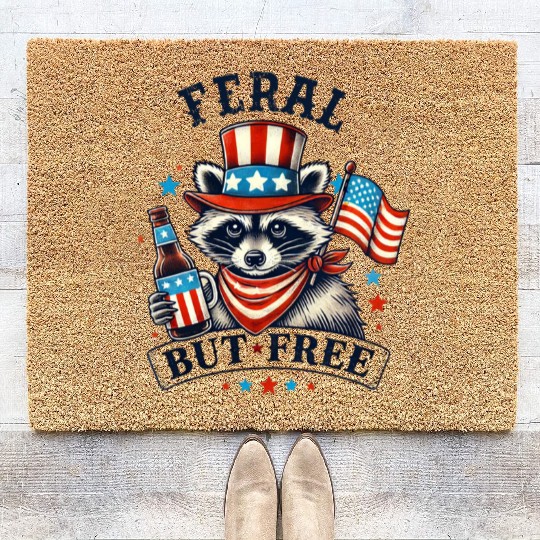 Feral but Free Funny 4th of July Raccoon Coir Doormats