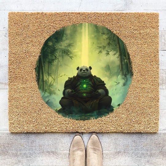 Meditating Panda Monk in a Glowing Bamboo Grove Coir Doormats