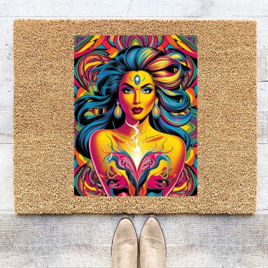 Vibrant Psychedelic Goddess Illustration Coir Doormats