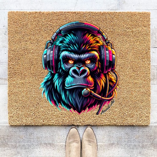 Animal Art Gorilla with Headphone Coir Doormats