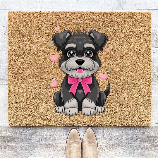 Cute Schnauzer With Pink Bow Surrounded by Hearts Coir Doormats