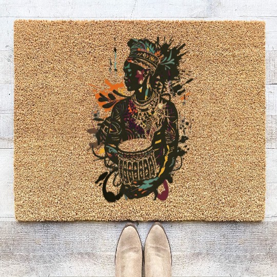 Colorful African Tribal Art – Woman with Drum Coir Doormats