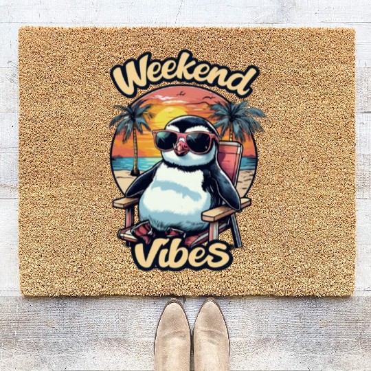 Weekend Vibes – Cute Cartoon Penguin with Sunglass Coir Doormats