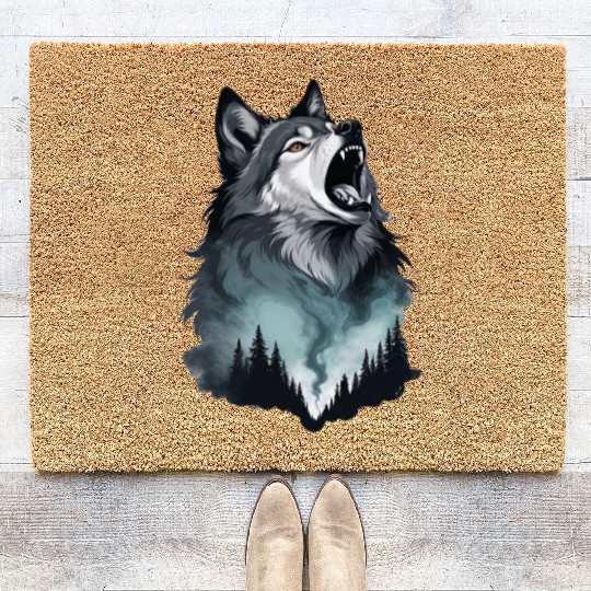 Howling Wolf Under the Northern Sky Coir Doormats