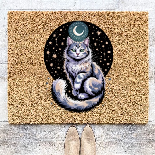 Celestial Cat with Stars and Moon Coir Doormats