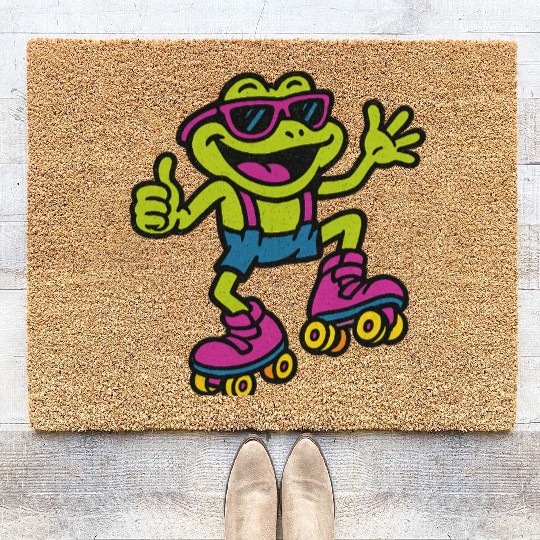 A funny retro 90s-style cartoon frog wearing neon Coir Doormats