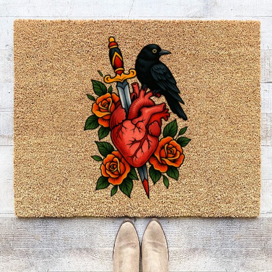 Heart, Dagger, Raven and Roses – Tattoo Style Art Coir Doormats