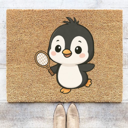Cute penguin tennis player cartoon chibi sport Coir Doormats