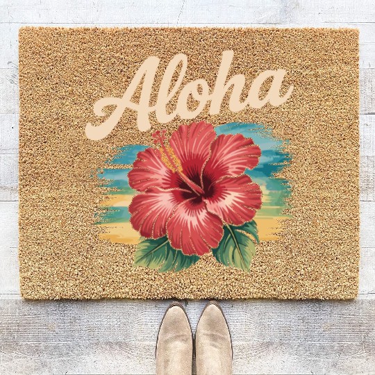 Hawaiian Aloha Hibiscus Flower Coir Doormats