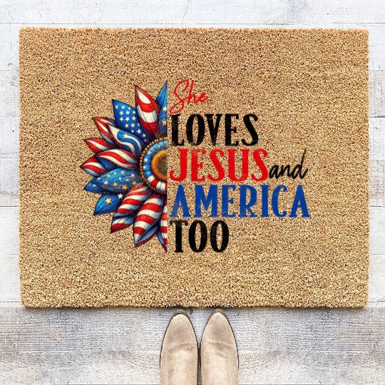 She Loves Jesus and America Too 4th of July Coir Doormats